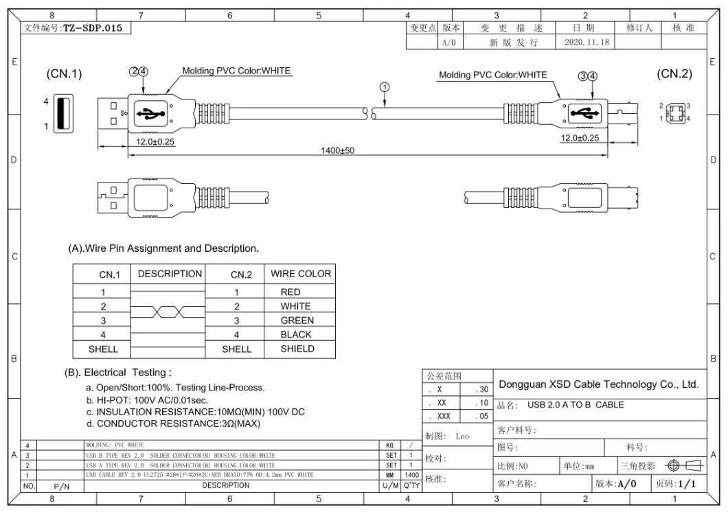 High Quality USB 2.0 Printer Cable Type a Male to Type B Male Mobile Phone Cable